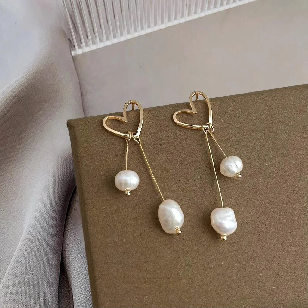 14K Gold Plated Baroque Freshwater Pearl Heart Geometric Tassel Stud Earrings