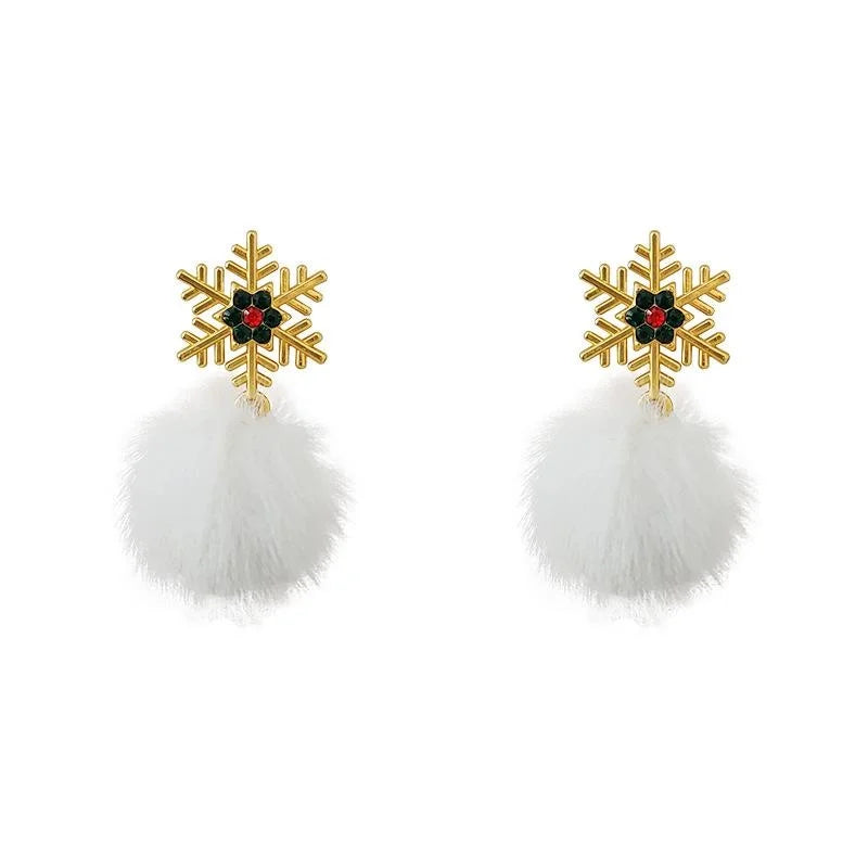 Christmas Snowflake Pom Pom Stud Earrings Silver Plated Needle Trendy Women's Ear Jewelry