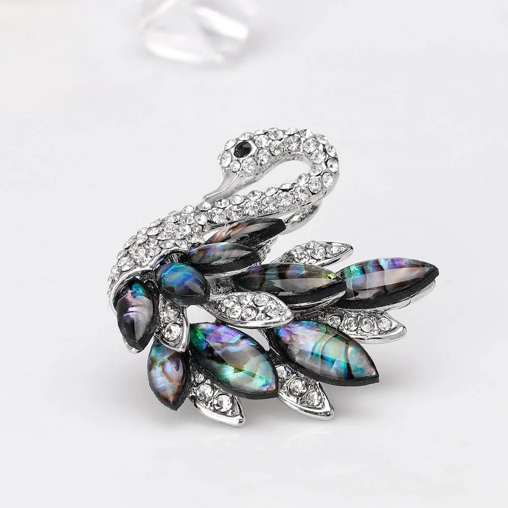Elegant Swan Brooch With Abalone Mother Of Pearl Rhinestones, Luxury Lapel Pin Corsage Suit Accessory