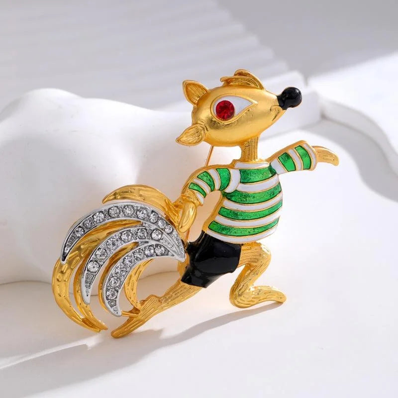 Cute Cartoon Squirrel Enamel Rhinestone Brooch, Gold Tone Alloy Animal Lapel Pin Corsage Gift