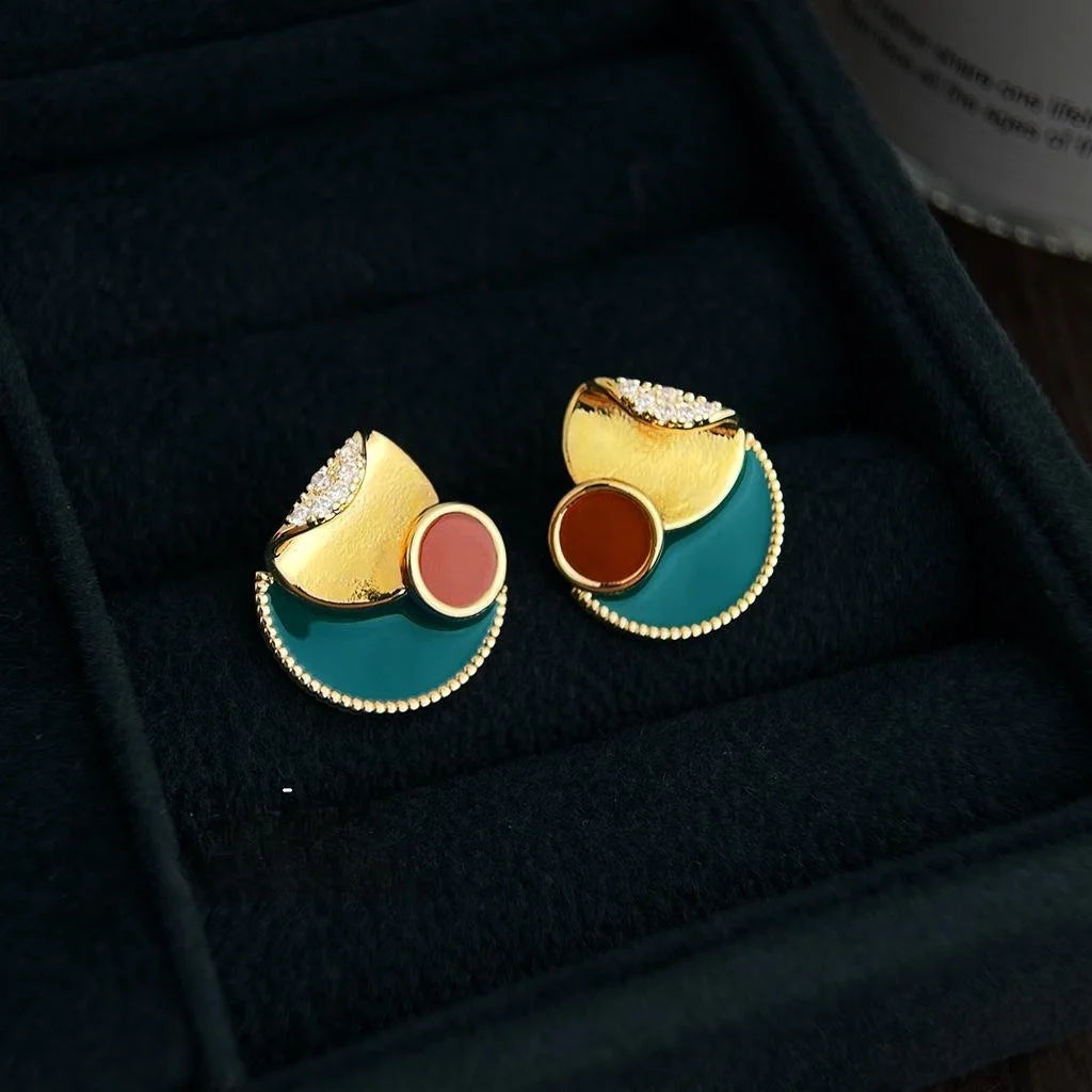 Niche Designer Geometric Enamel Copper Zircon Round Triangle U Shape Stud Earrings for Women