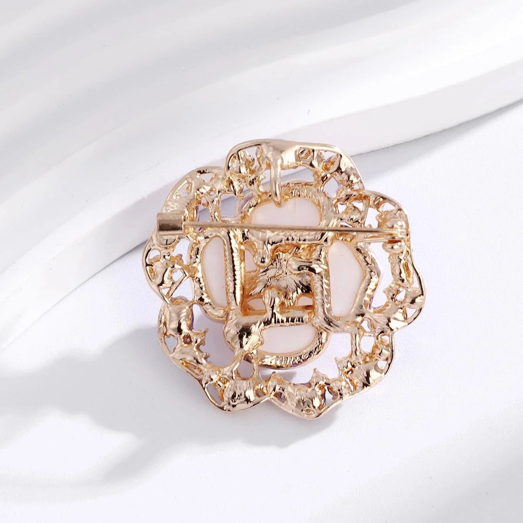 Elegant Camellia Flower Alloy Brooch With Faux Mother Of Pearl Petals, Pearl And Rhinestone Lapel Pin Gift