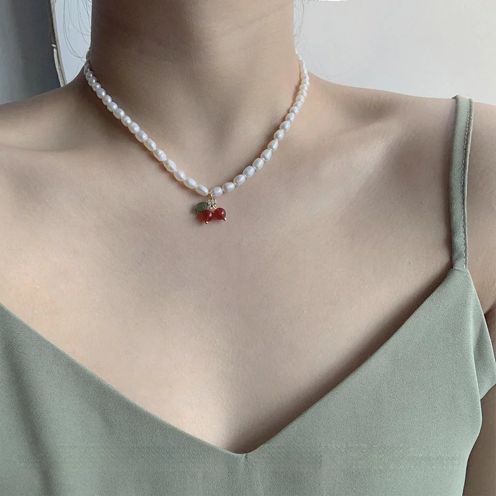 French Vintage Freshwater Pearl Cherry Copper Choker Necklace For Women