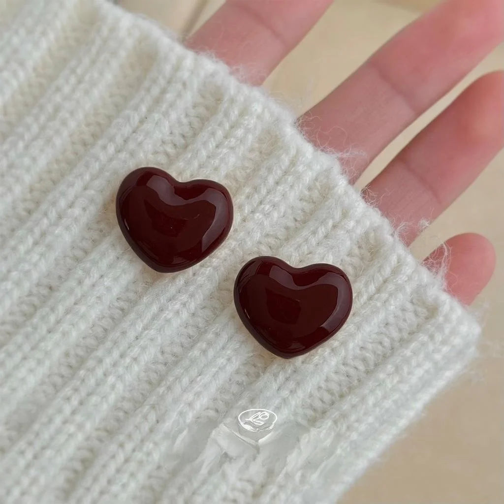 Burgundy Enamel Drip Glaze Heart Stud Earrings, Vintage Hong Kong Style