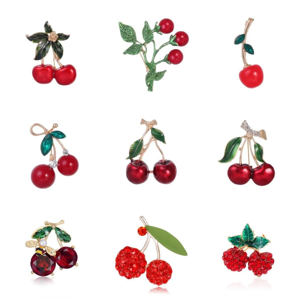 Cute Cherry Fruit Brooch With Enamel Leaves And Rhinestone Accents, Elegant Lapel Pin Corsage Gift