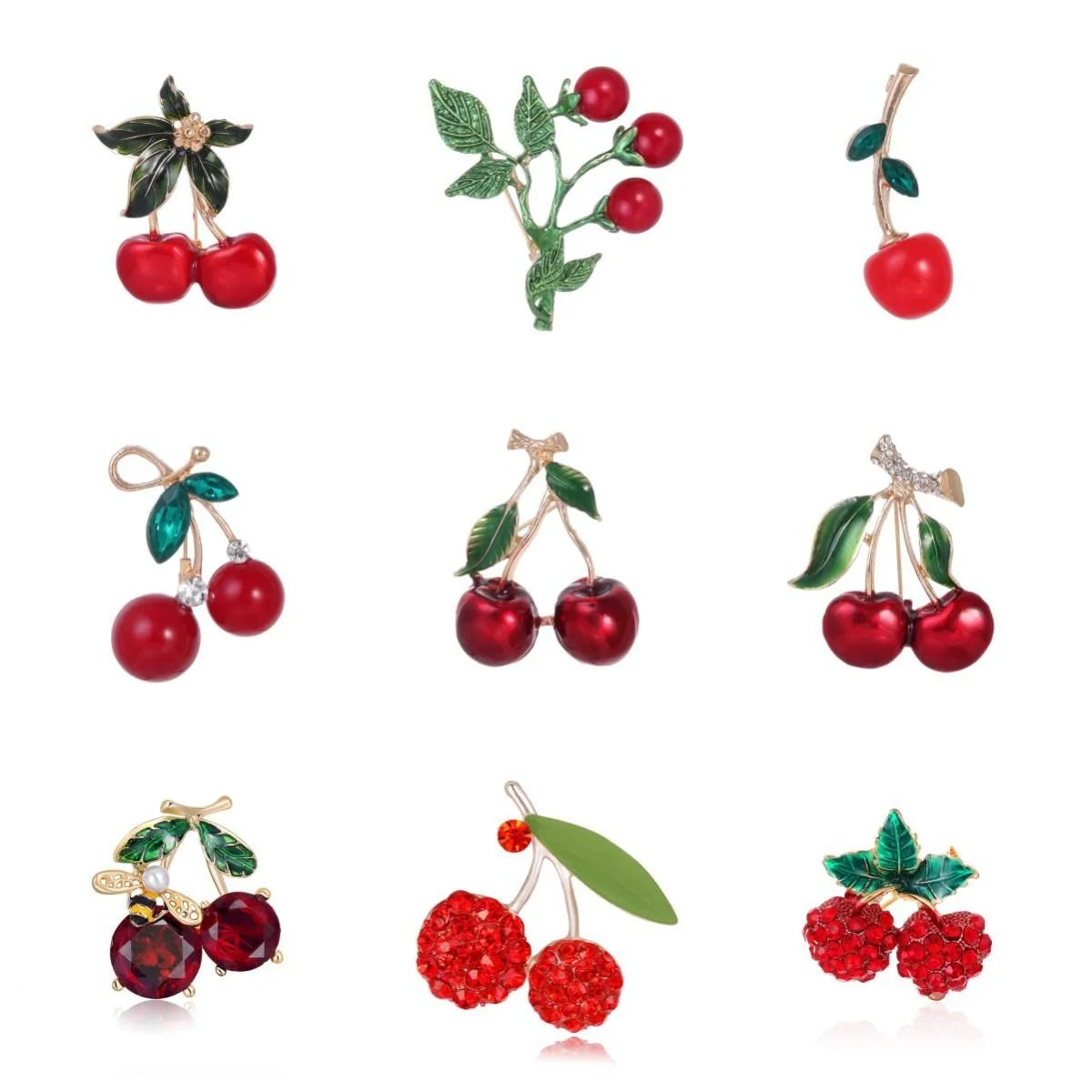 Cute Cherry Fruit Brooch With Enamel Leaves And Rhinestone Accents, Elegant Lapel Pin Corsage Gift