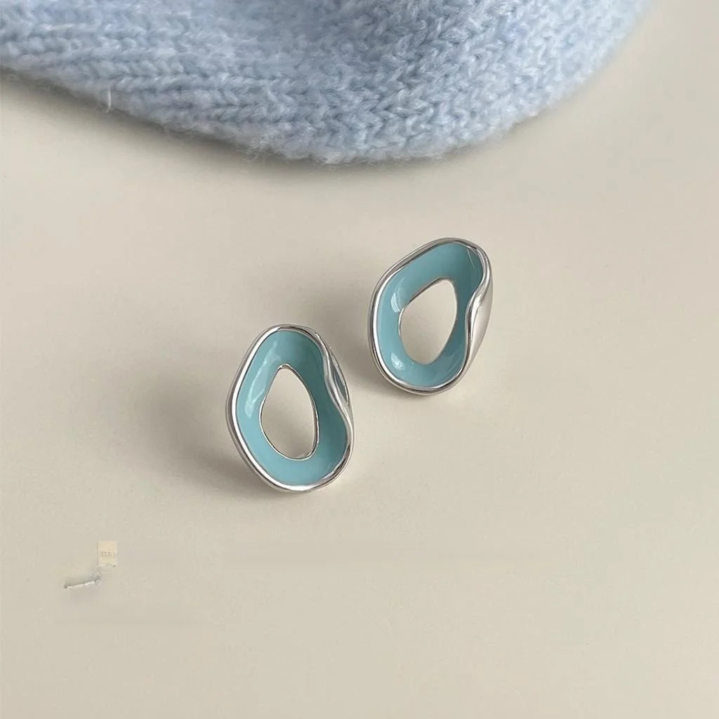 Glacier Blue Hollow Geometric Copper Stud Earrings For Women, Casual 3D Irregular Design