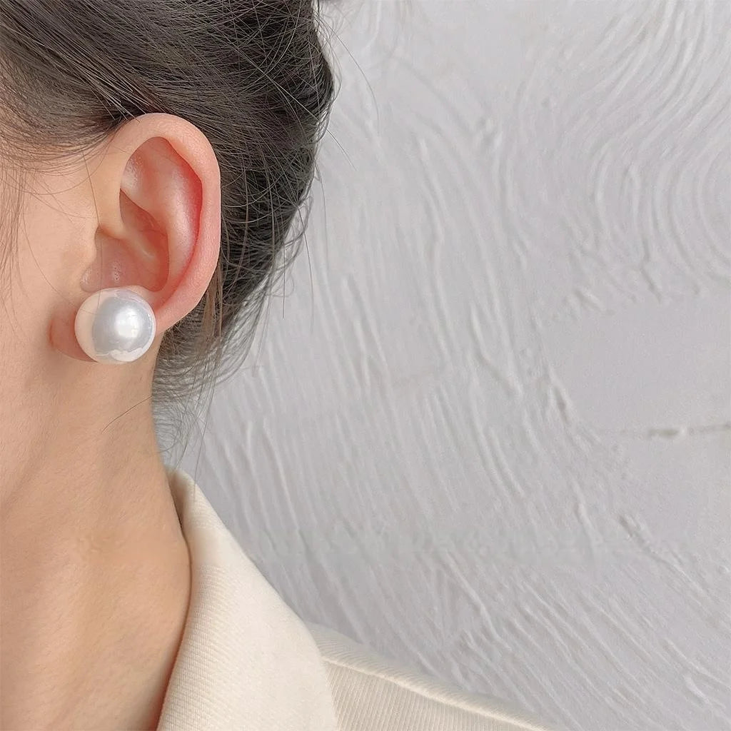 Silver Plated Half Round Faux Pearl Stud Earrings Geometric Fresh Fashion Jewelry
