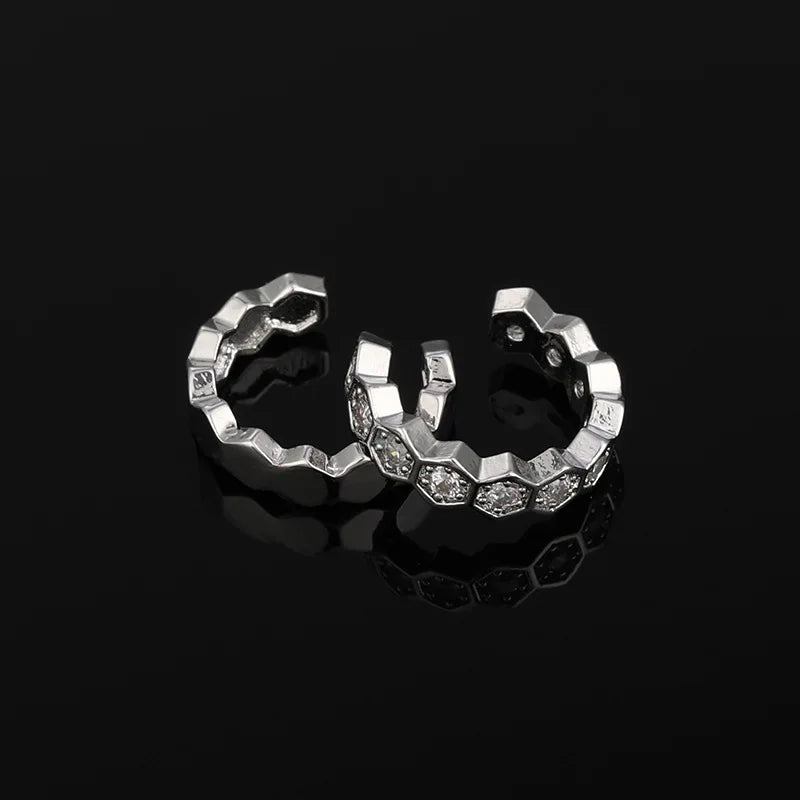 Luxury Gold Hexagon Ear Cuff Stud & Clip On No Piercing Zircon Rhinestone Huggie Hoop Earrings