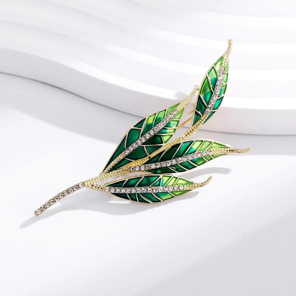 Elegant Green Willow Leaf Enamel Rhinestone Alloy Brooch, Branch Lapel Pin Corsage Suit Accessory Gift