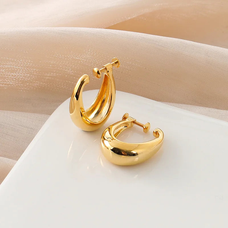 Elegant Gold Alloy Teardrop Hoop Huggie Stud & Clip On No Piercing Minimalist Commuter Gift Earrings