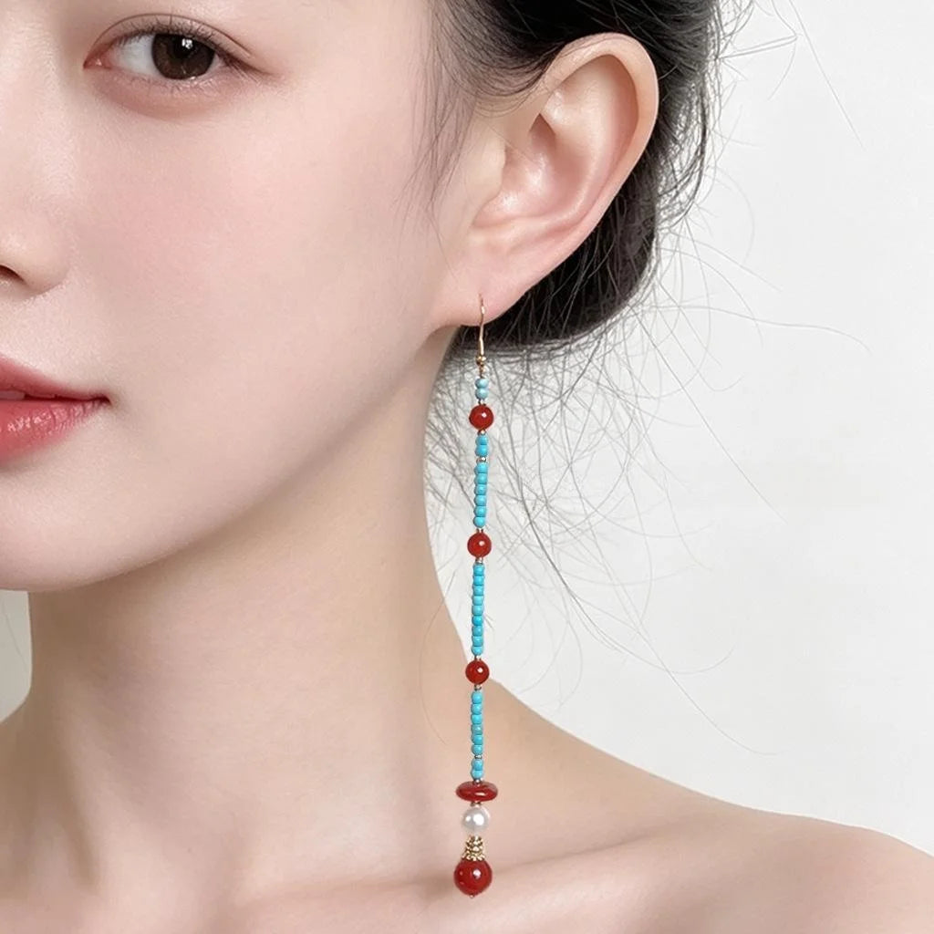 Long Tassel Drop Earrings With Synthetic Turquoise And Red Agate Geometric Chinese Chic Style