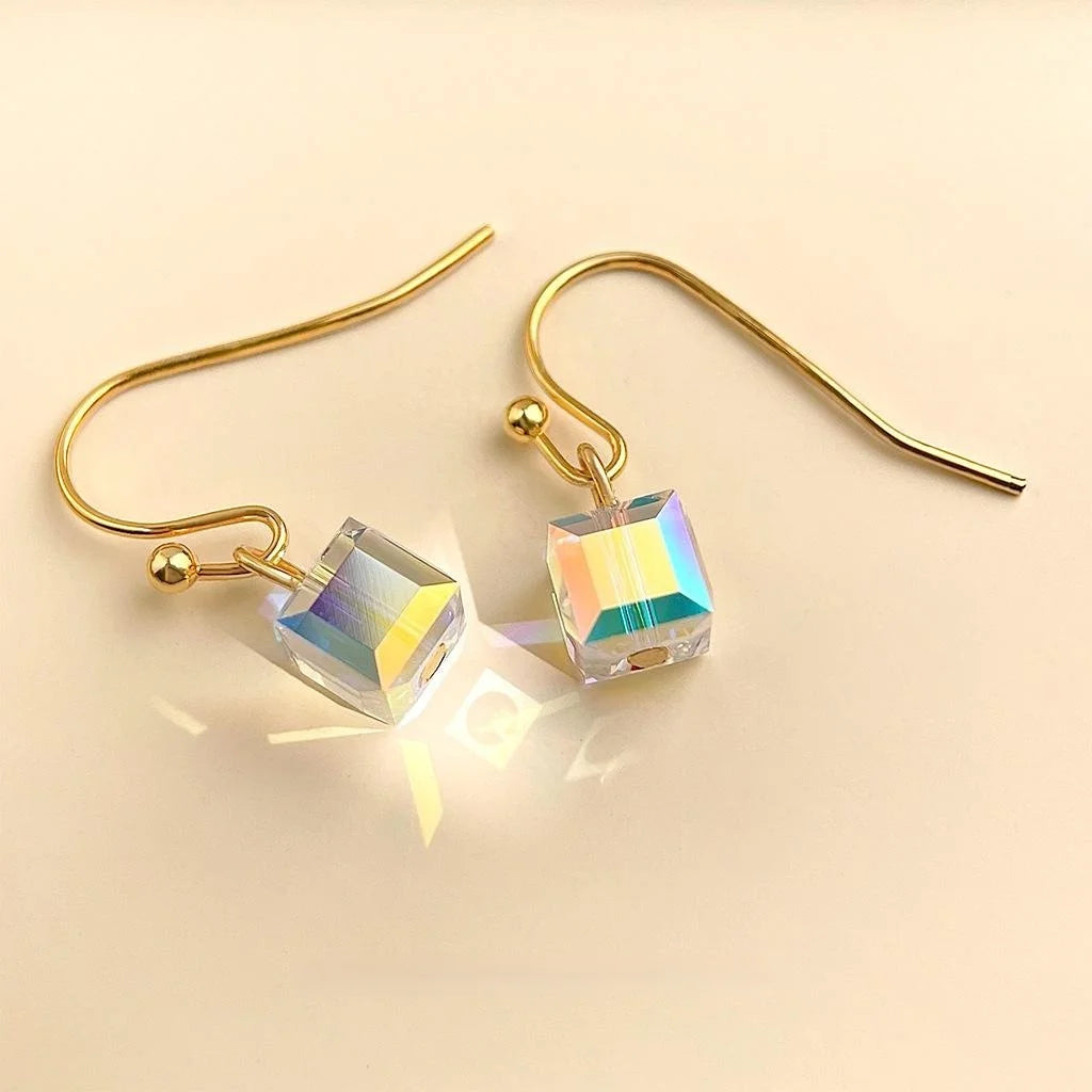 Sparkling Glass Crystal Geometric Square Drop Earrings, Minimalist Luxury Statement Jewelry
