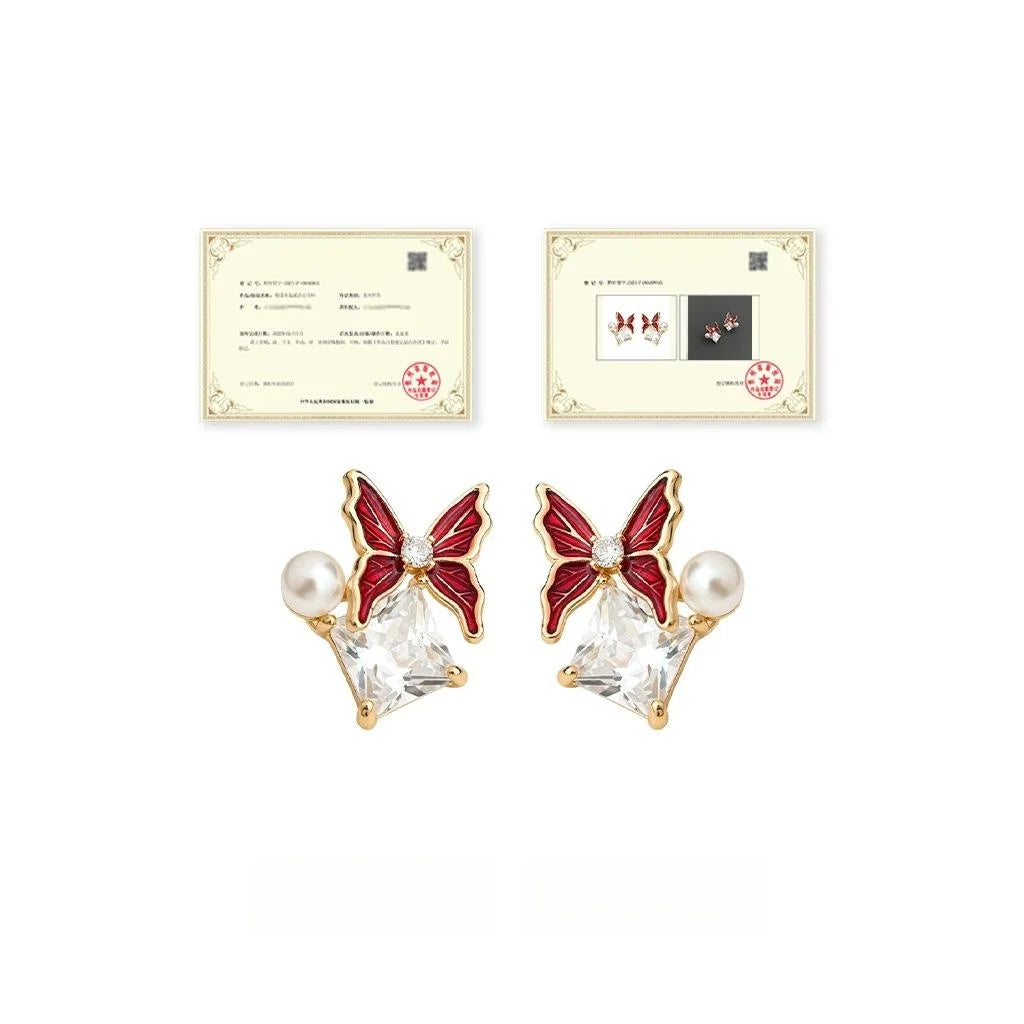 Luxury Butterfly Geometric Zircon Pearl Enamel Copper Stud Earrings