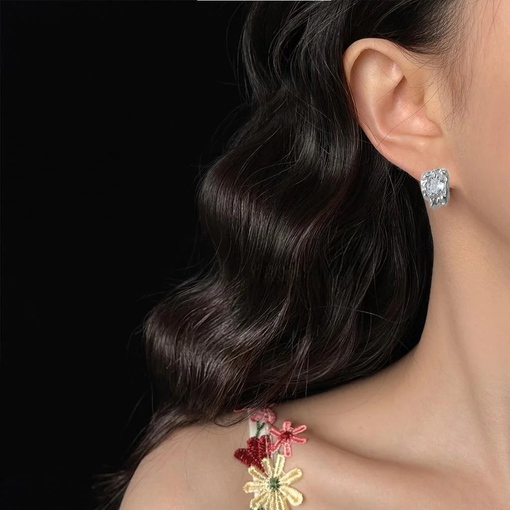 Designer Liquid Irregular Silver Plated Zircon Geometric Style Stud Earrings For Women