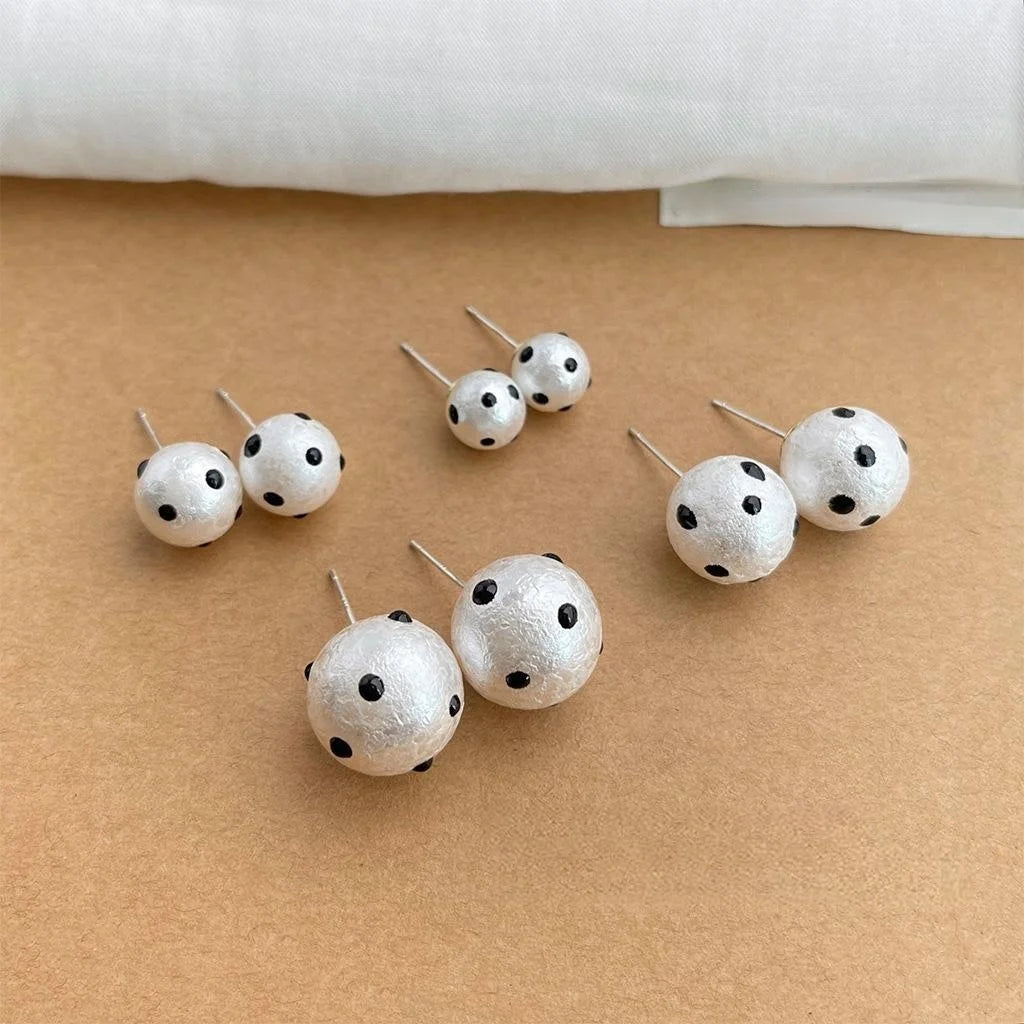 Black White Polka Dot Cotton Pearl Stud Earrings Copper Round Geometric Hepburn Style