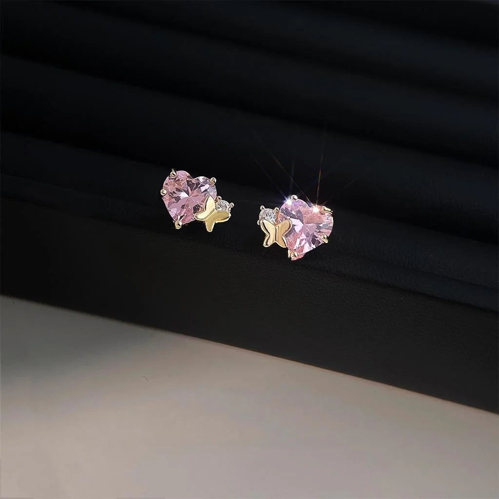 Micro Pave Zircon Heart Stud Earrings With Pink Butterfly Sweet Cute Spring Summer Jewelry