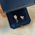 French Vintage Copper Asymmetric Rose Heart Stud Earrings For Women Hepburn Style Jewelry
