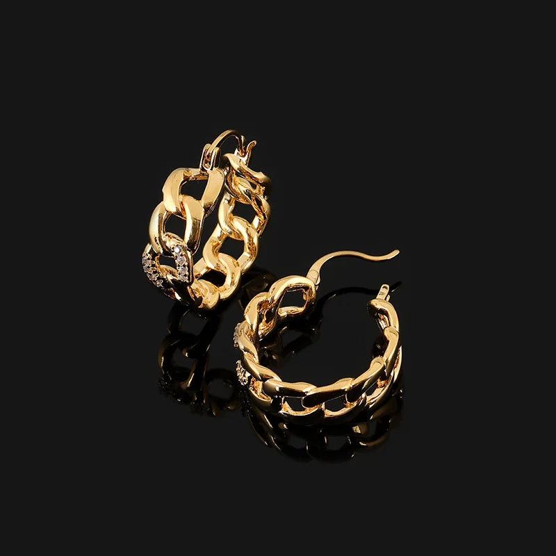 Luxury Gold Alloy Chain Hoop Spiral Stud & Clip On No Piercing Rhinestone Statement Earrings