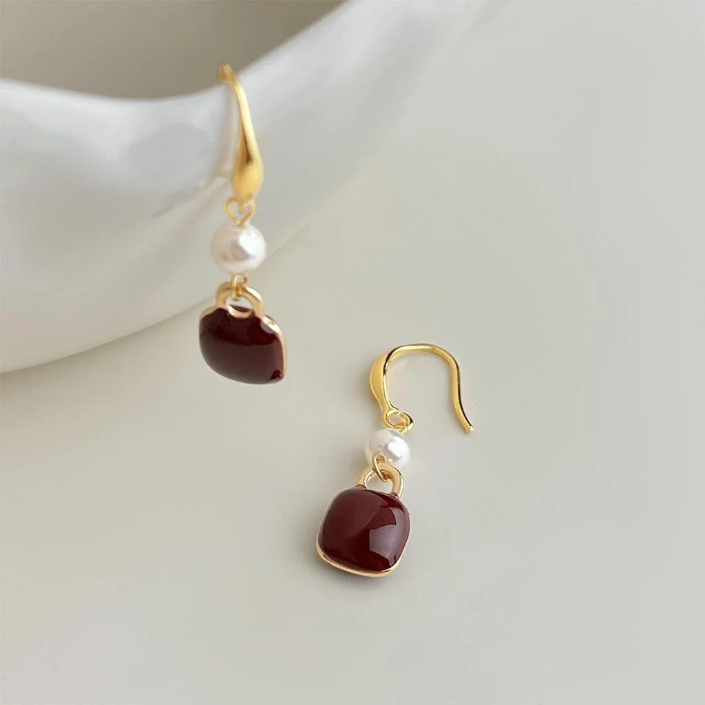 Hong Kong Style Burgundy Enamel Square Geometric Copper Glass Pearl Drop Earrings