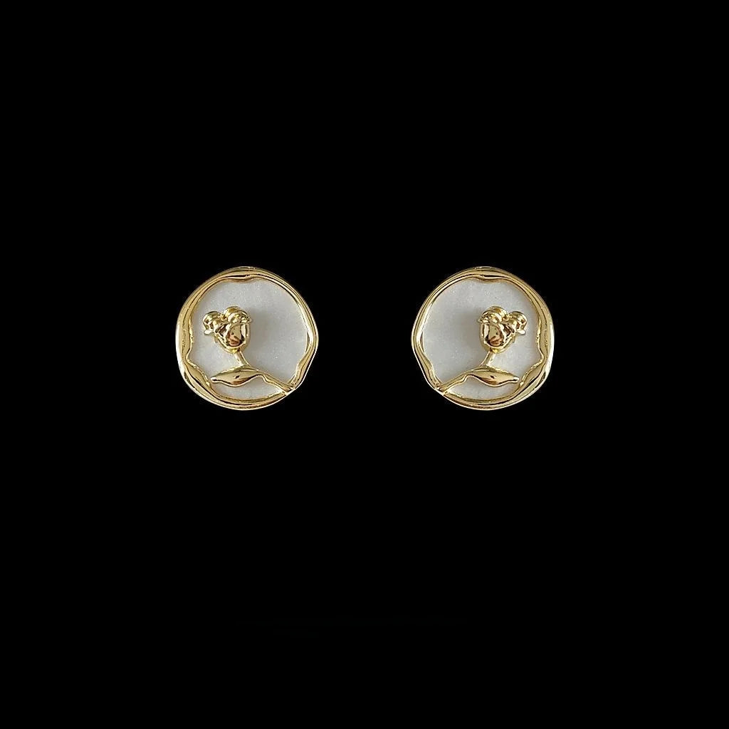French 3D Rose Flower Copper Stud Earrings Light Luxury Versatile Round Floral Jewelry