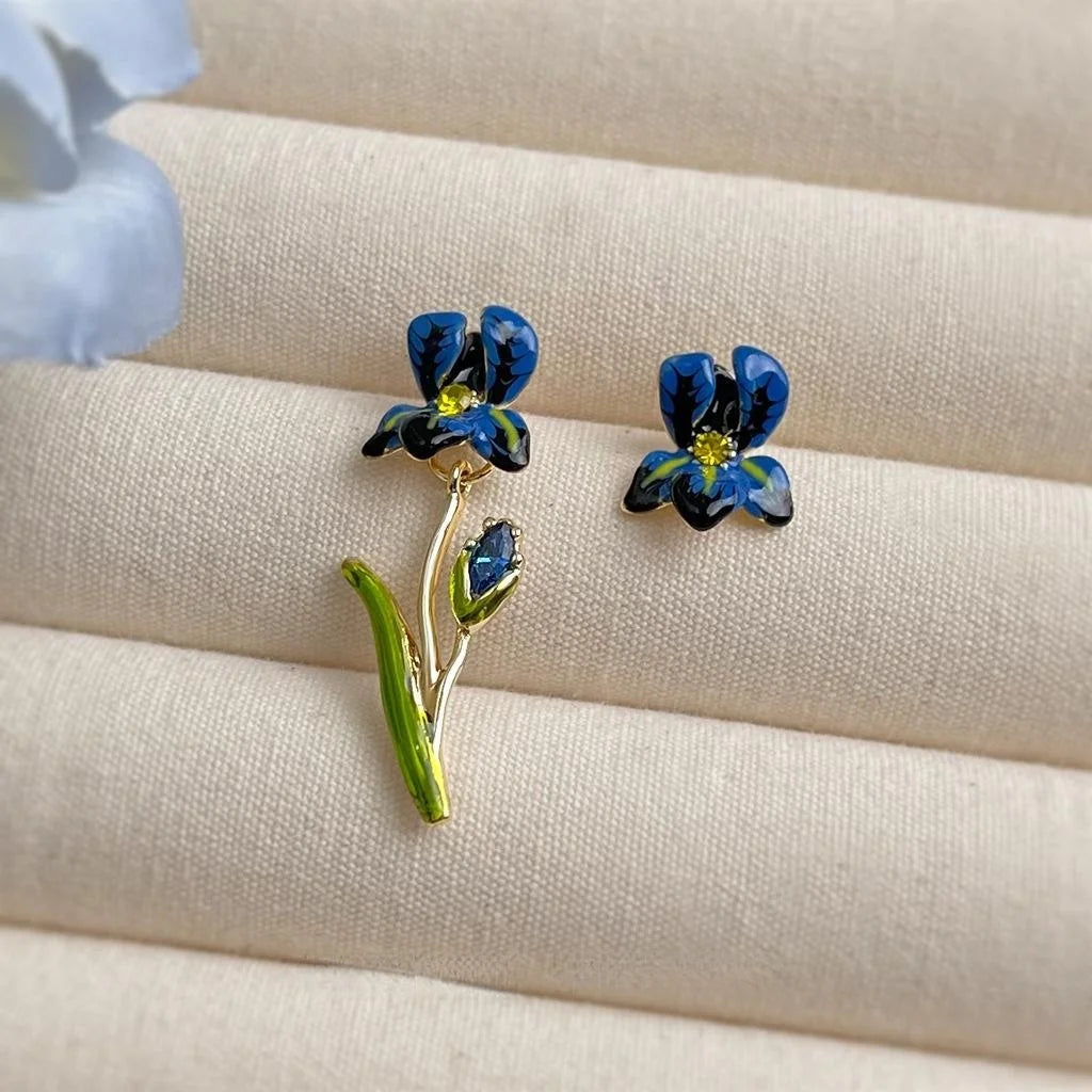 Asymmetric Iris Flower Enamel Copper 14K Plated Sweet Drop Earrings