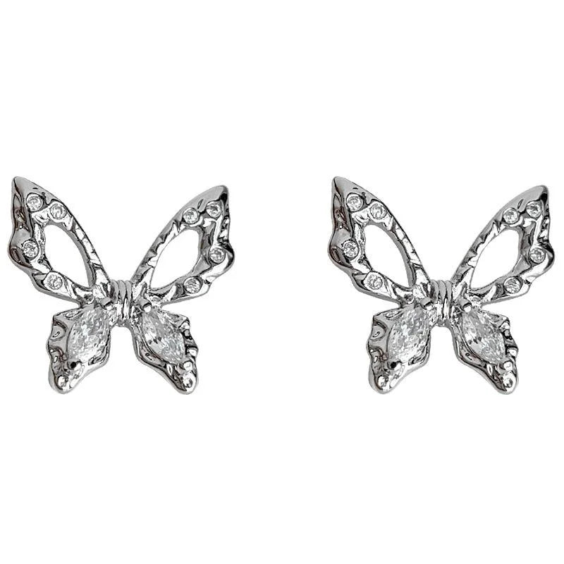 Mini Micro Pave Zircon Butterfly Stud Earrings Copper Fresh Simple Silver Plated Pin