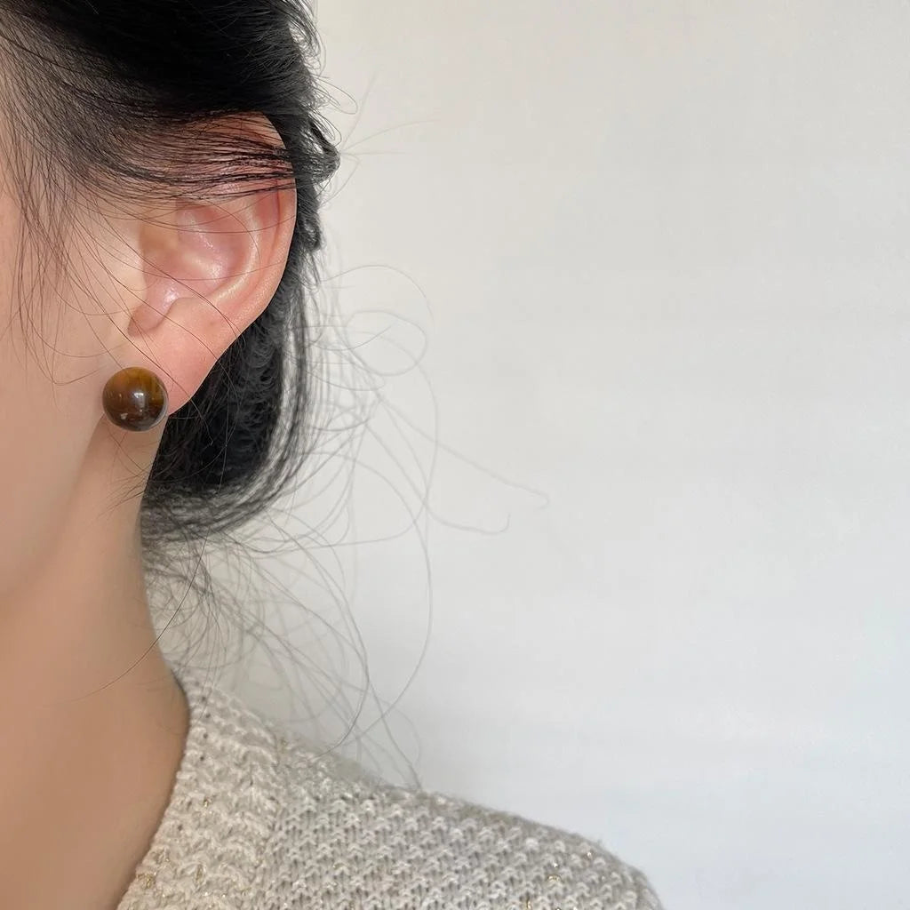 Vintage Style Tiger Eye Round Stud Earrings Amber Geometric Modern Chinese Elegant Jewelry