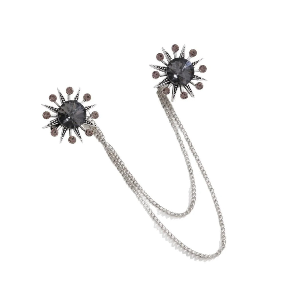 Luxury Sunburst Rhinestone Double Chain Brooch With Large Gem, Elegant Collar Lapel Pin Suit Accessory
