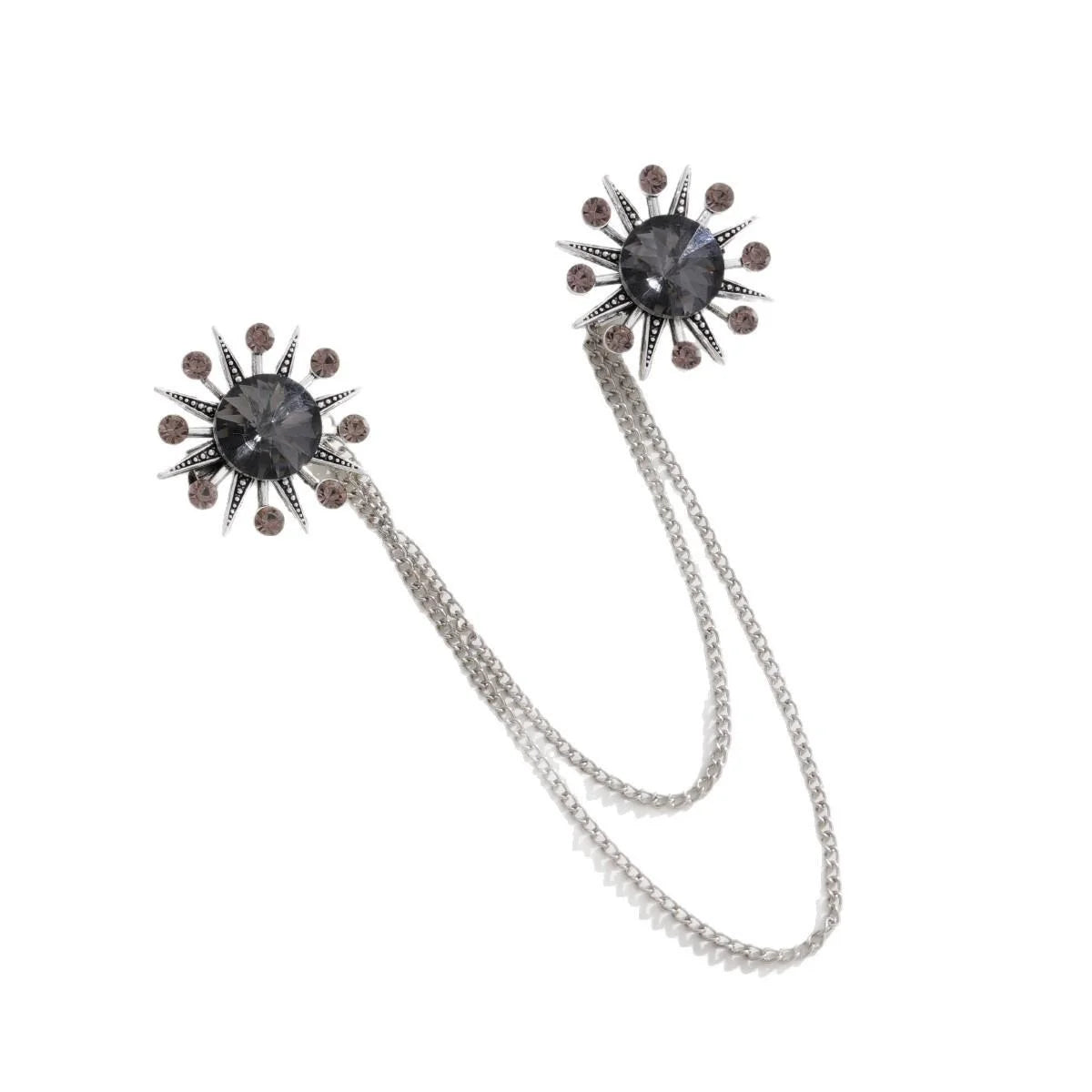 Luxury Sunburst Rhinestone Double Chain Brooch With Large Gem, Elegant Collar Lapel Pin Suit Accessory