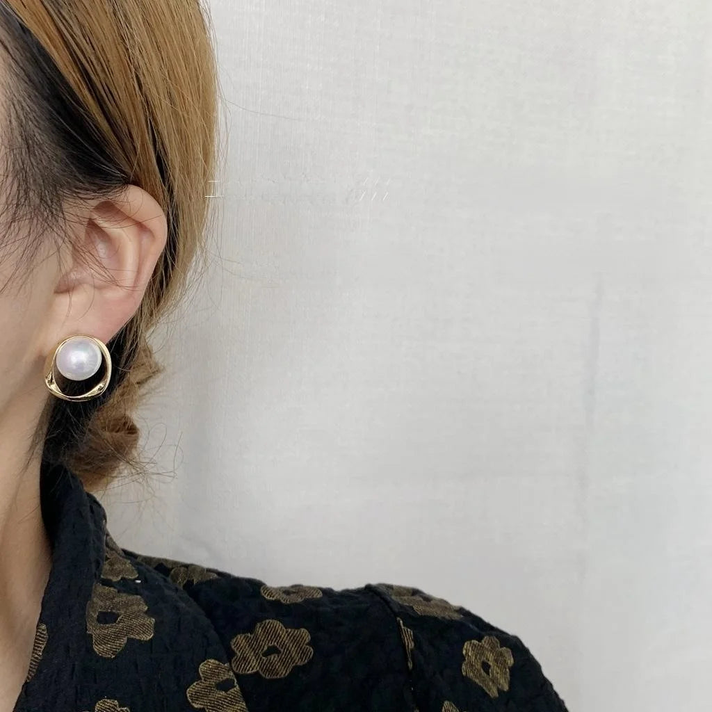 14K Gold Plated Copper 3D Geometric Pearl Stud Earrings For Women Korean Fashion Jewelry