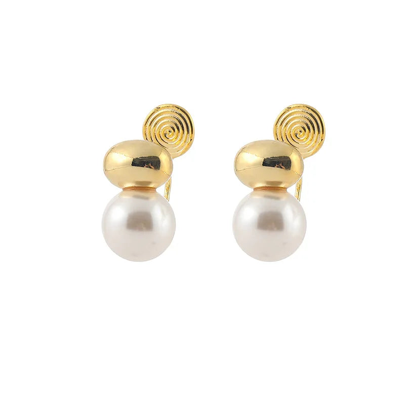 Elegant Pearl Gold Alloy Spiral Coil Bean Stud & Clip On No Piercing Minimalist Fashion Earrings