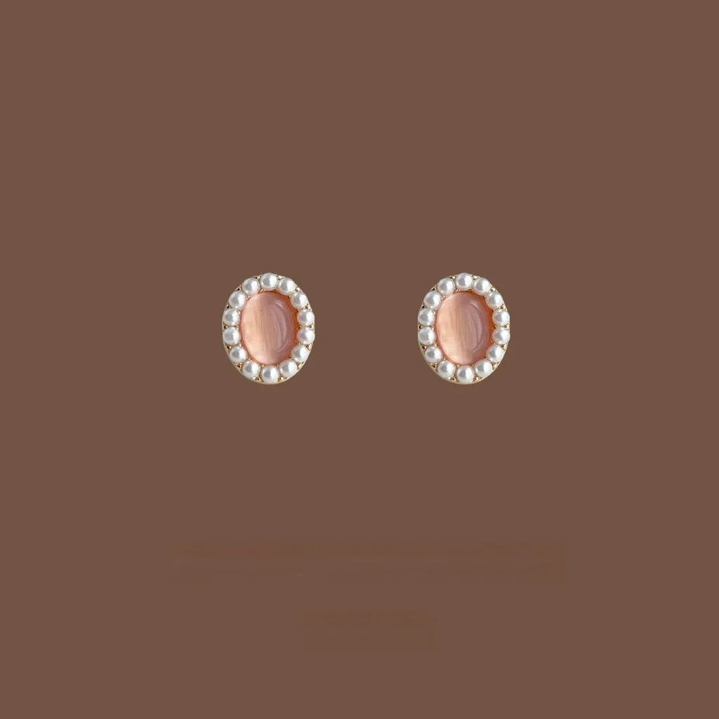 French Vintage 14K Plated Oval Glass Cat Eye Pearl Geometric Stud Earrings For Women
