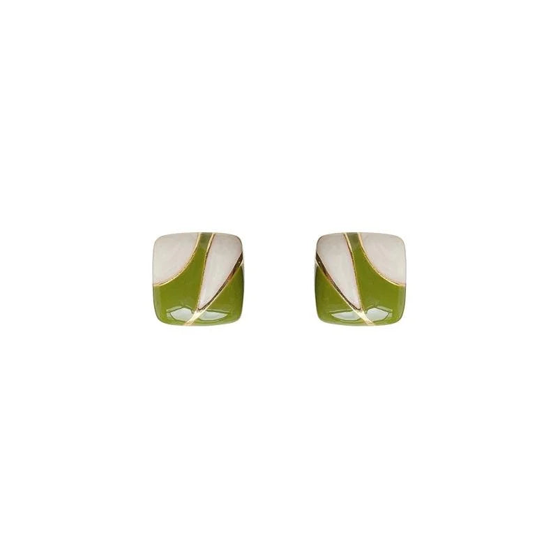 Forest Style Green Geometric Square Copper Stud Earrings French Minimalist Commuter Jewelry