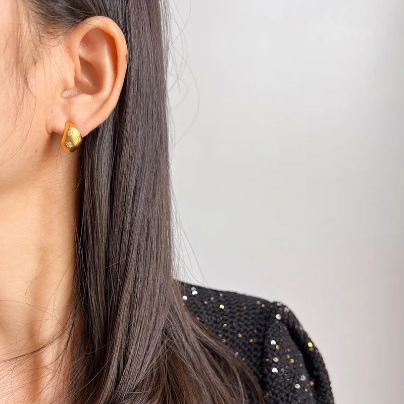 Elegant Matte Gold Alloy Waterdrop Bean Spiral Star Zircon Stud & Clip On No Piercing Earrings