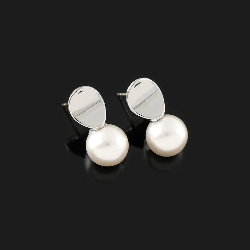 Elegant Oval Disc Faux Pearl Drop Stud & Clip On No Piercing 925 Silver Needle Korean Fashion Earrings