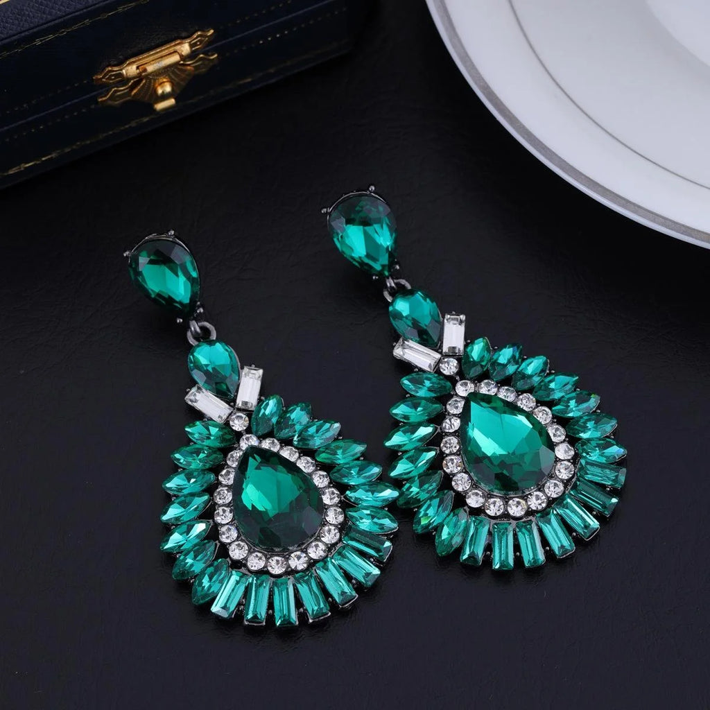 Luxury Emerald Green Crystal Rhinestone Teardrop Chandelier Earrings For Bridal Wedding Party Banquet