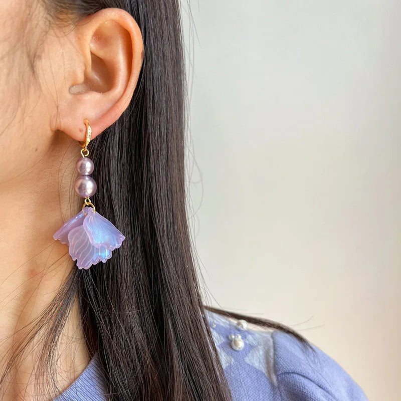 Elegant Handmade Purple Flower Petal Pearl Tassel Alloy Stud & Clip On No Piercing Drop Earrings