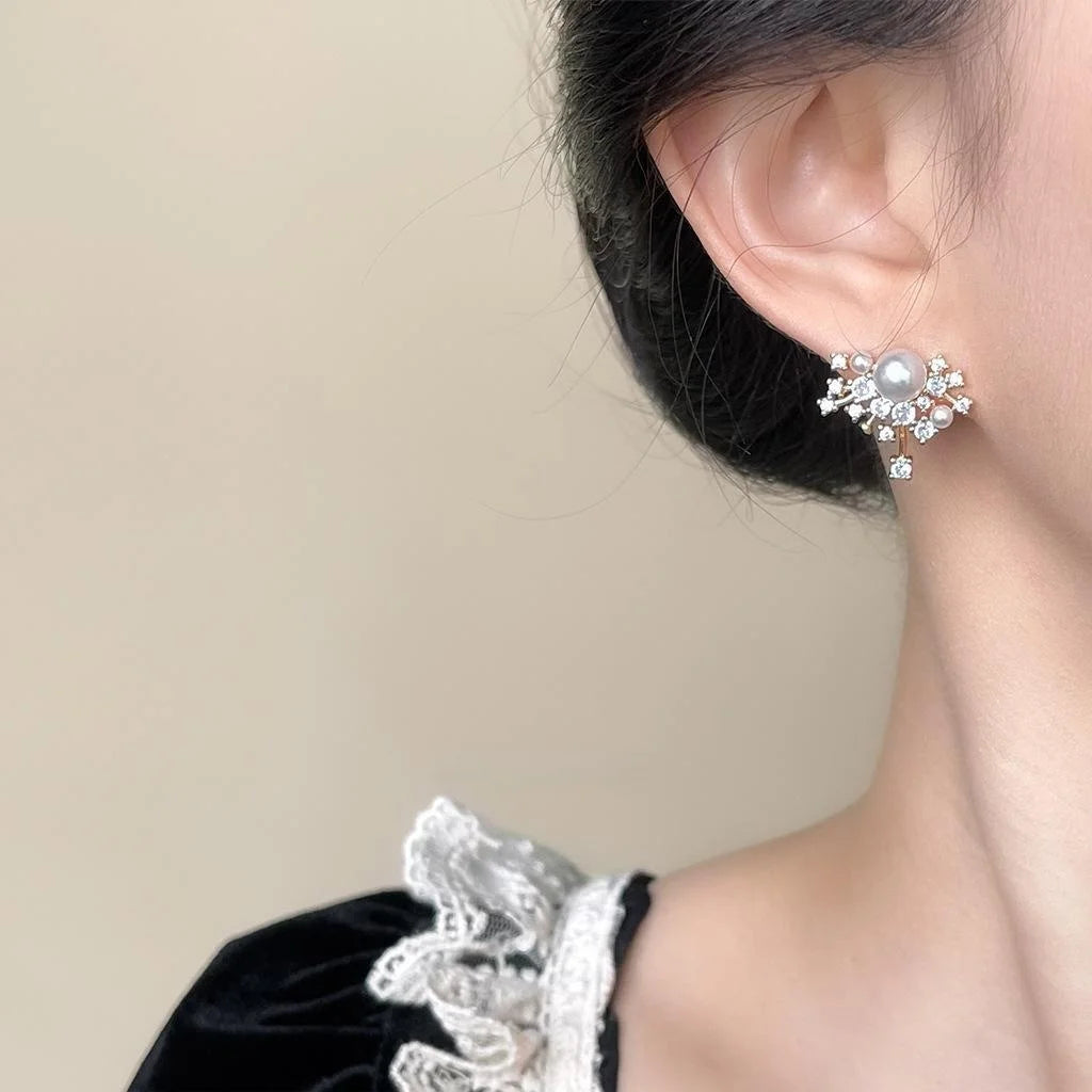 Premium Micro Pave Zircon Pearl Star Firework Stud Earrings With Silver Plated Pins