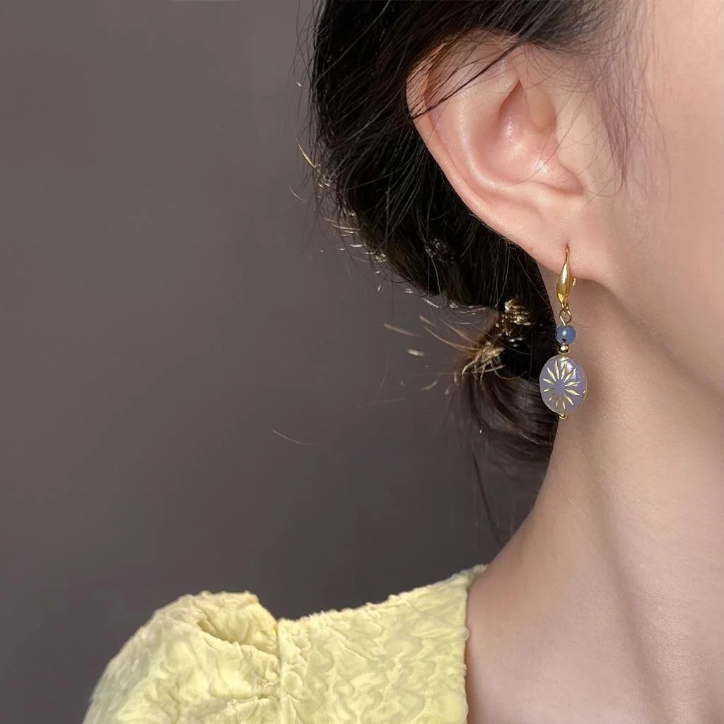 Vintage Style Geometric Starburst Glass Drop Earrings With Round Oval Glazed Beads
