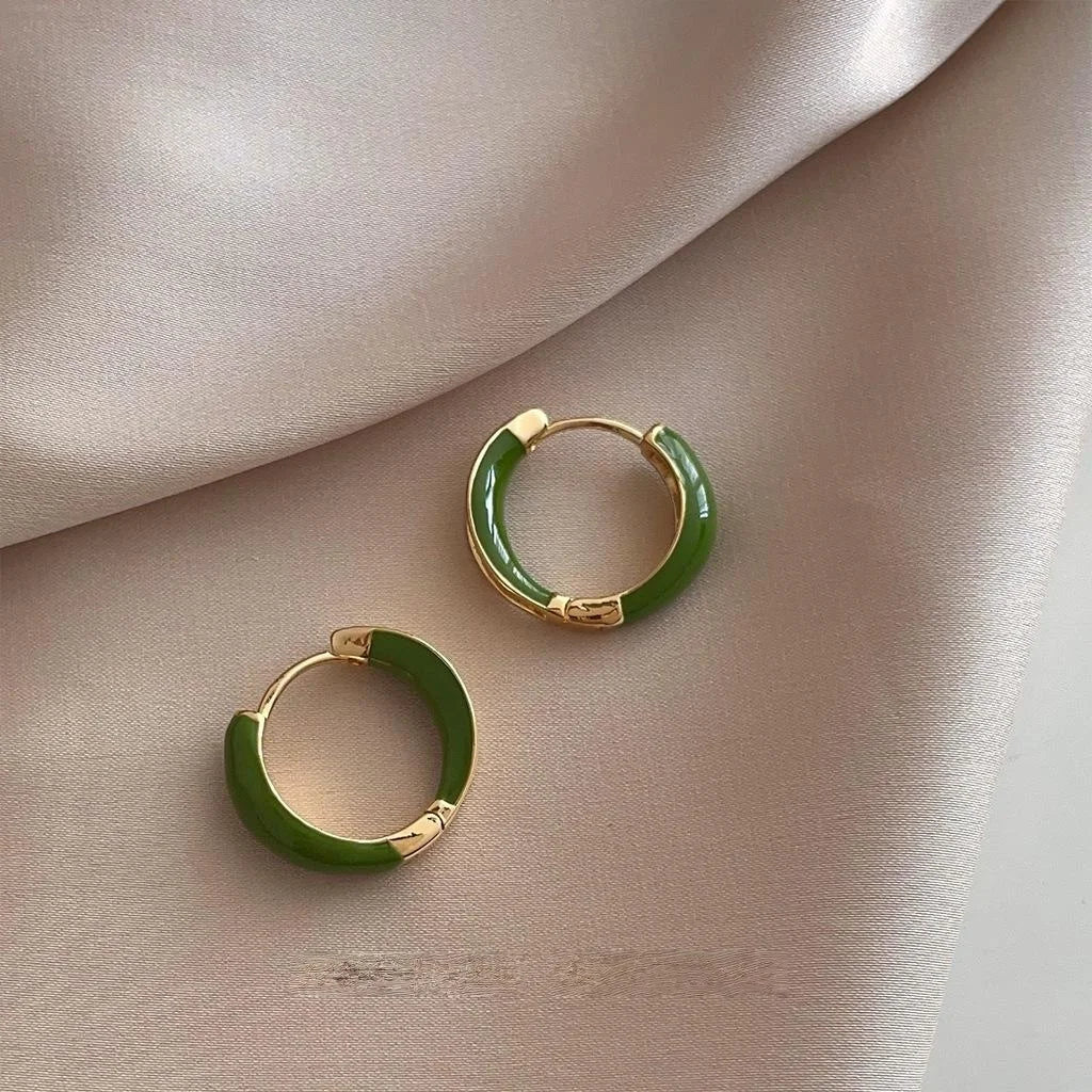 French Vintage Green Enamel Copper Hollow Round Hoop Stud Earrings Minimalist Geometric Jewelry