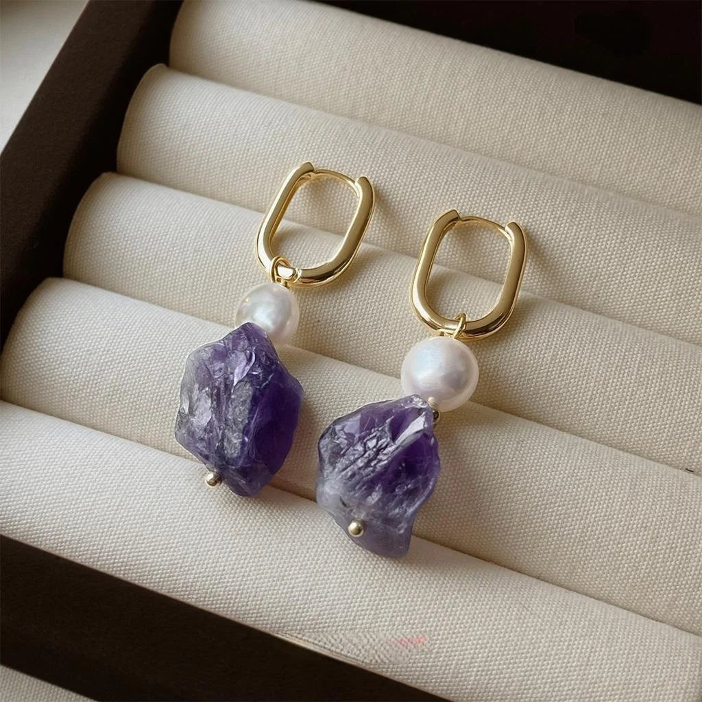 Light Luxury Irregular Geometric Freshwater Pearl Amethyst Natural Stone Drop Earrings For Women