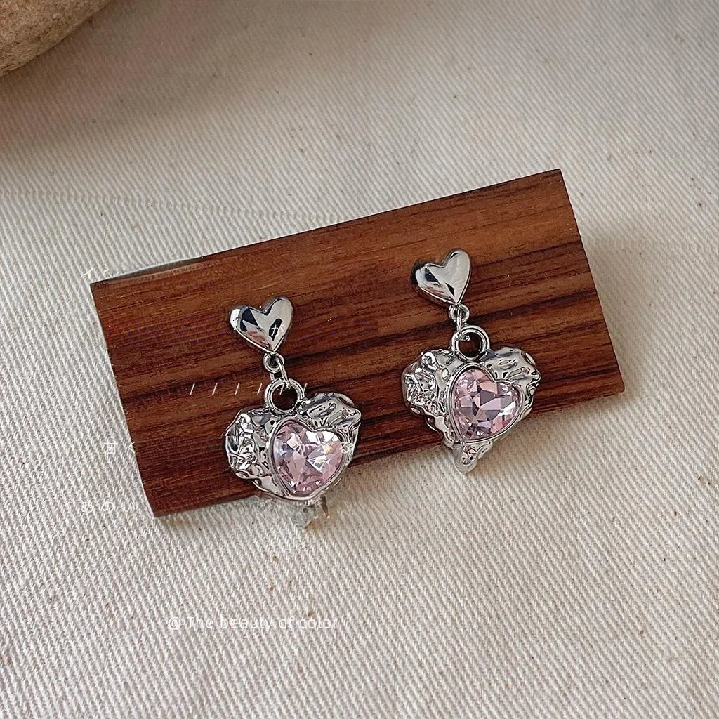 Sweet Cool Heart Stud Earrings Copper Silver Plated Pin Trendy Style Jewelry