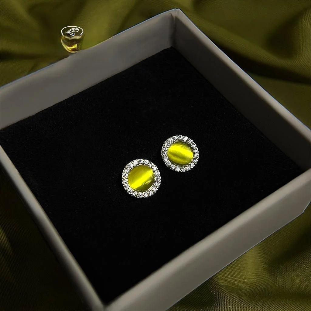 Light Luxury 14K Gold Plated Copper Round Green Cat Eye Glass Zircon Stud Earrings