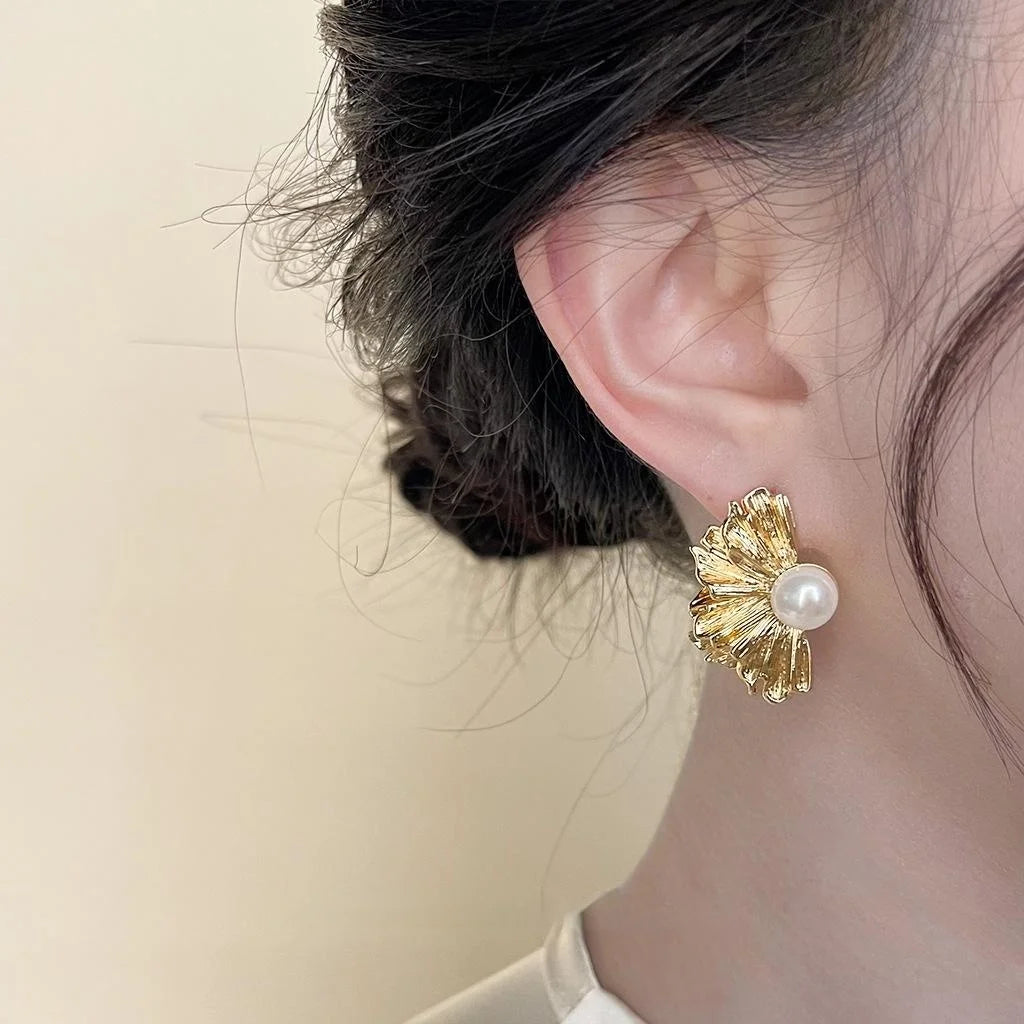 French Vintage Copper Freshwater Pearl Irregular Flower Petal Drop Earrings For Women