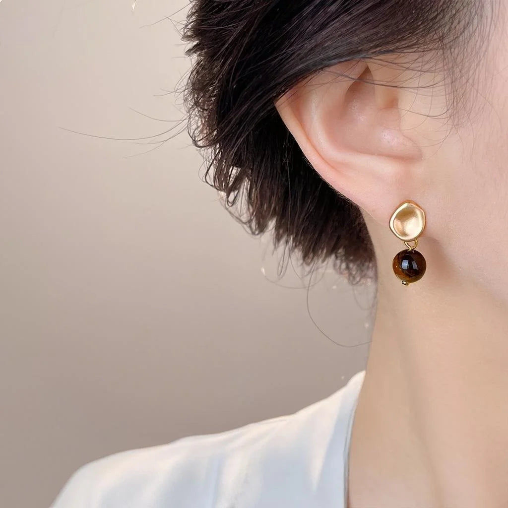 Vintage Maillard Style Tiger Eye Stone Round Geometric Drop Earrings With Copper