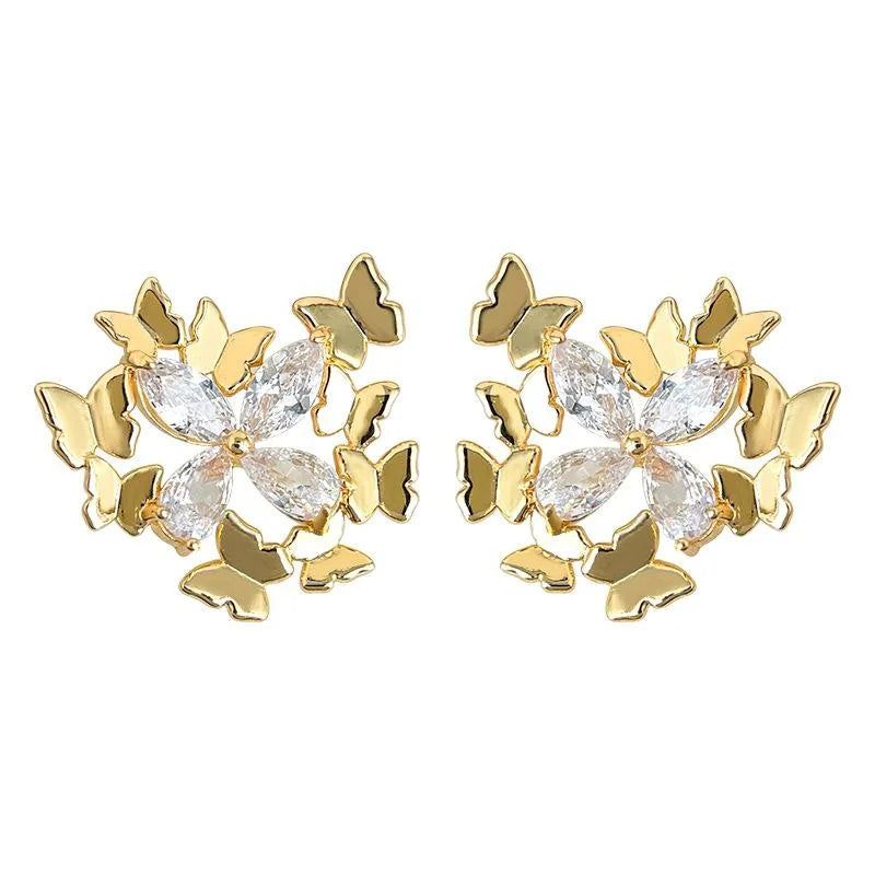 Fairy Style Butterfly Zircon Copper Stud Earrings With Silver Plated Pins Floral Geometric Design