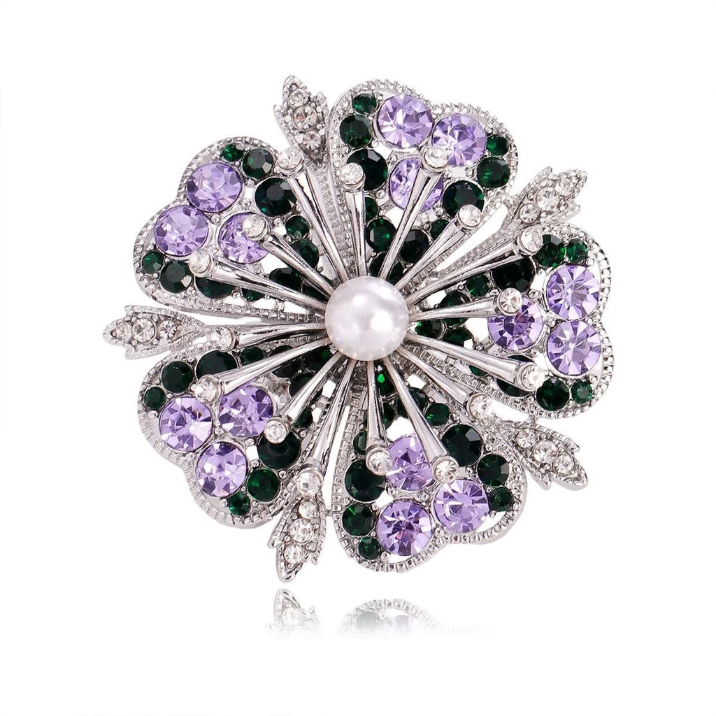 Luxury Flower Brooch With Purple Green Rhinestones And Pearl Center, Elegant Alloy Lapel Pin Corsage Gift