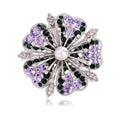 Luxury Flower Brooch With Purple Green Rhinestones And Pearl Center, Elegant Alloy Lapel Pin Corsage Gift