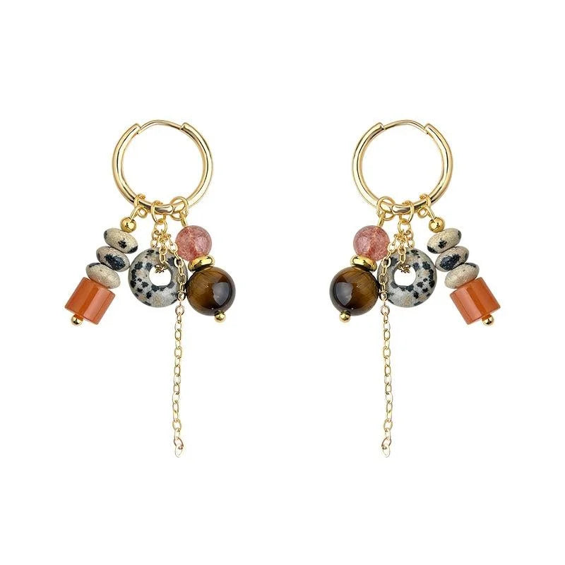 Vintage Ethnic Copper Tiger Eye Spotted Stone Tassel Drop Earrings Handmade Geometric Jewelry